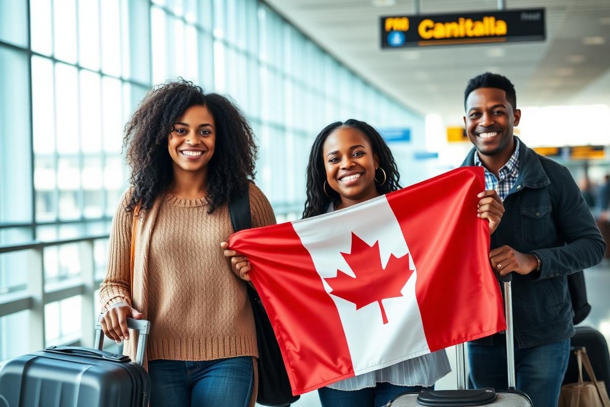 Nigerian family arriving at Toronto Pearson airport with a Canadian flag