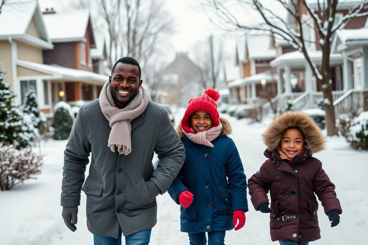 Black family walking through a snowy Canadian neighborhood