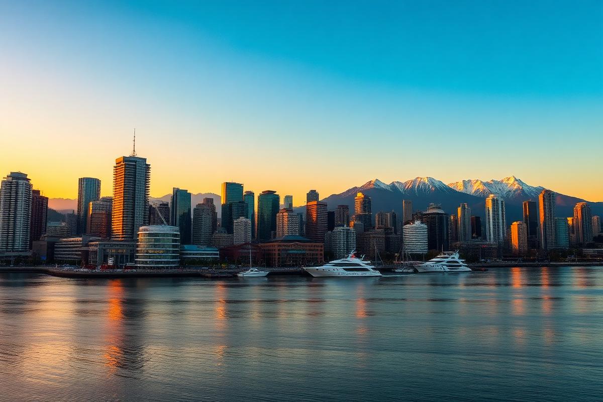 Vancouver skyline with mountains at golden hour